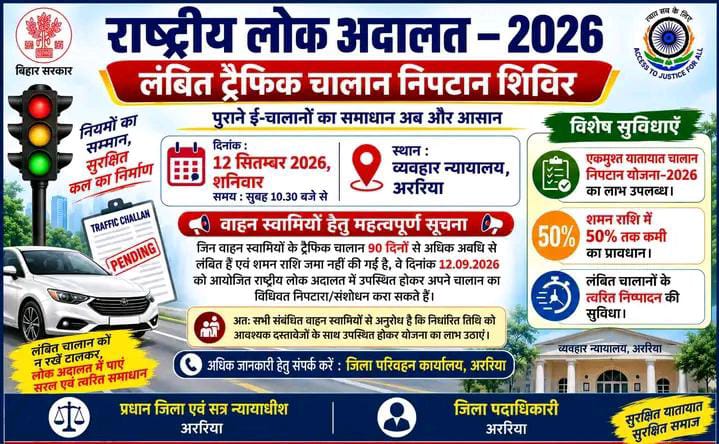 अररिया/ 12 सितंबर को राष्ट्रीय लोक अदालत में निपटाएं पुराने ट्रैफिक चालान